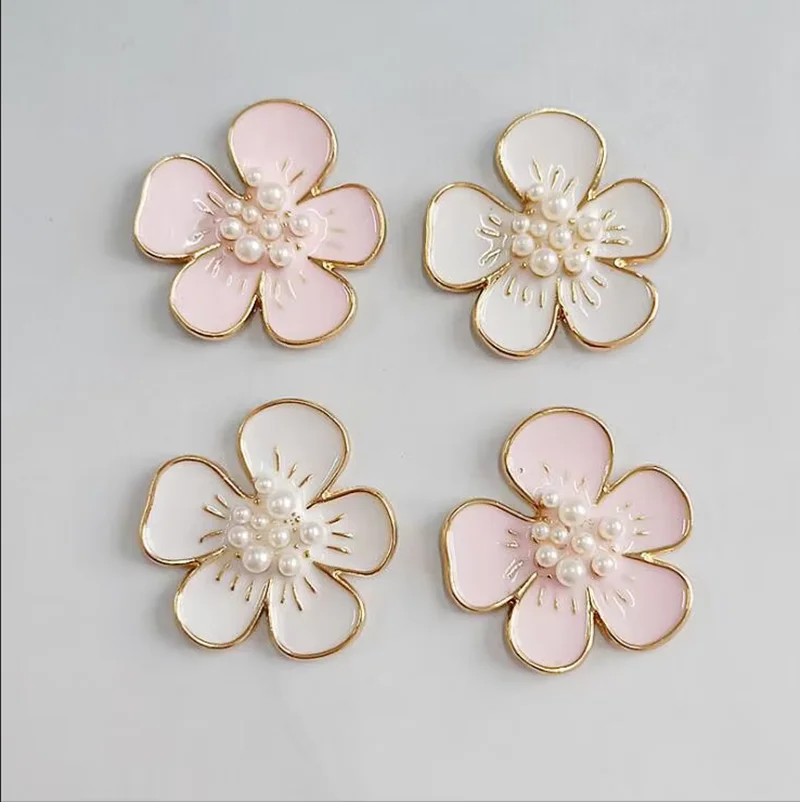 10PCS 3CM Pink White Flower Pearl Rhinestone Buttons Gold Alloy Flat Back Embellishment Button Decoration Accessories DIY Craft