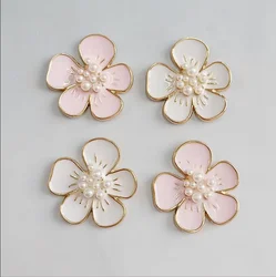 10PCS 3CM Pink White Flower Pearl Rhinestone Buttons Gold Alloy Flat Back Embellishment Button Decoration Accessories DIY Craft