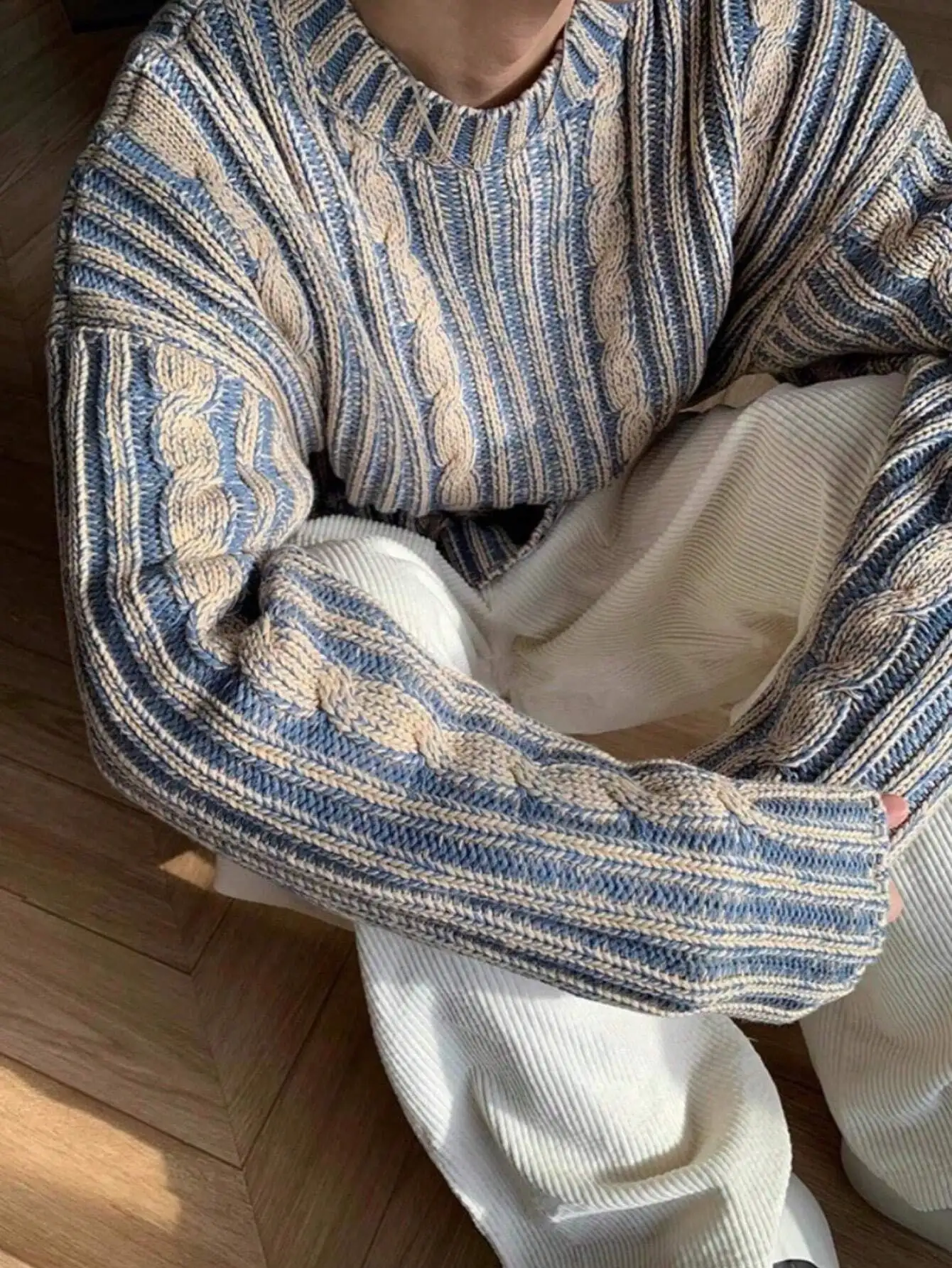 Men's Vintage Twisted Rope Knit Crew Neck Sweater, Streetwear Style, Long Sleeve, Casual Winter Wear