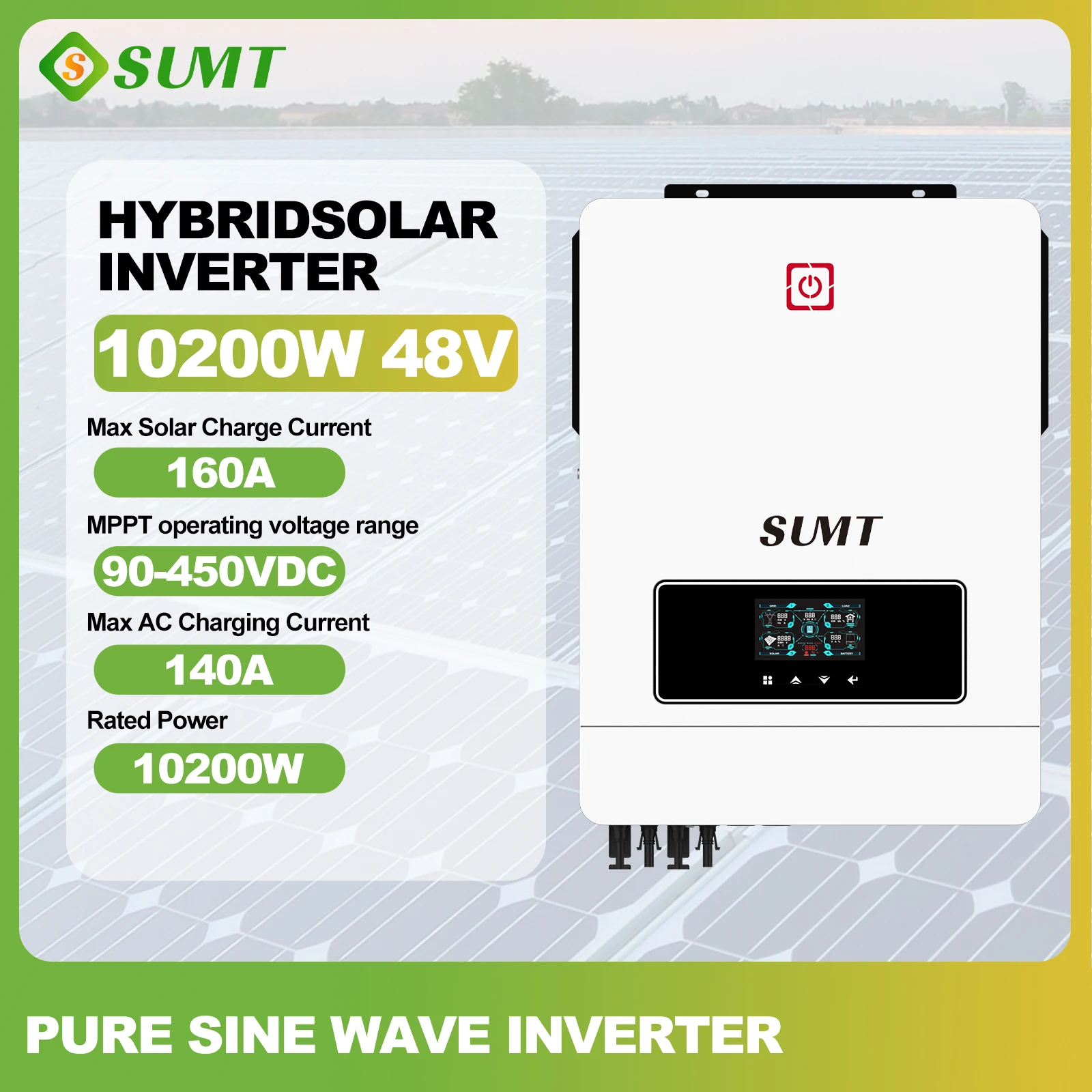 SUMT MAX- 10.2KW Dual PV Input, MPPT 90-500VDC，Output 220/230/240VAC，160A, 48VDC-WiFi or not WiFi Pure sine wave solar inverter.