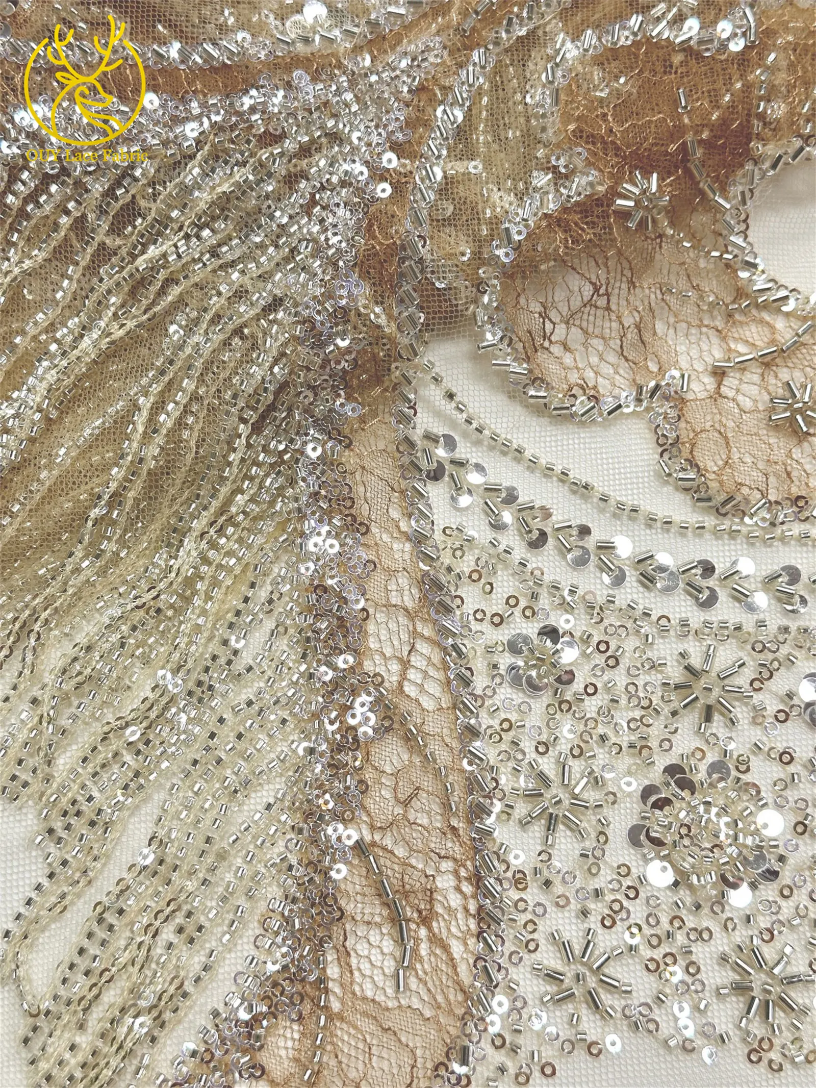 Goldene französische 3D-Laser-Quasten-Perlen-Spitze, luxuriöser afrikanischer Pailletten-Spitzenstoff, nigerianischer Mesh-Spitzenstoff für Damen-Hochzeiten – Detail 13