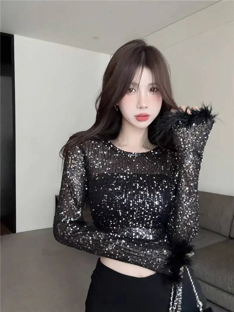 

2026 New Women's Korean Chic Sequins Crop Top O-Neck Long Sleeve Feather Cuff Sexy Stage Performance Outfit