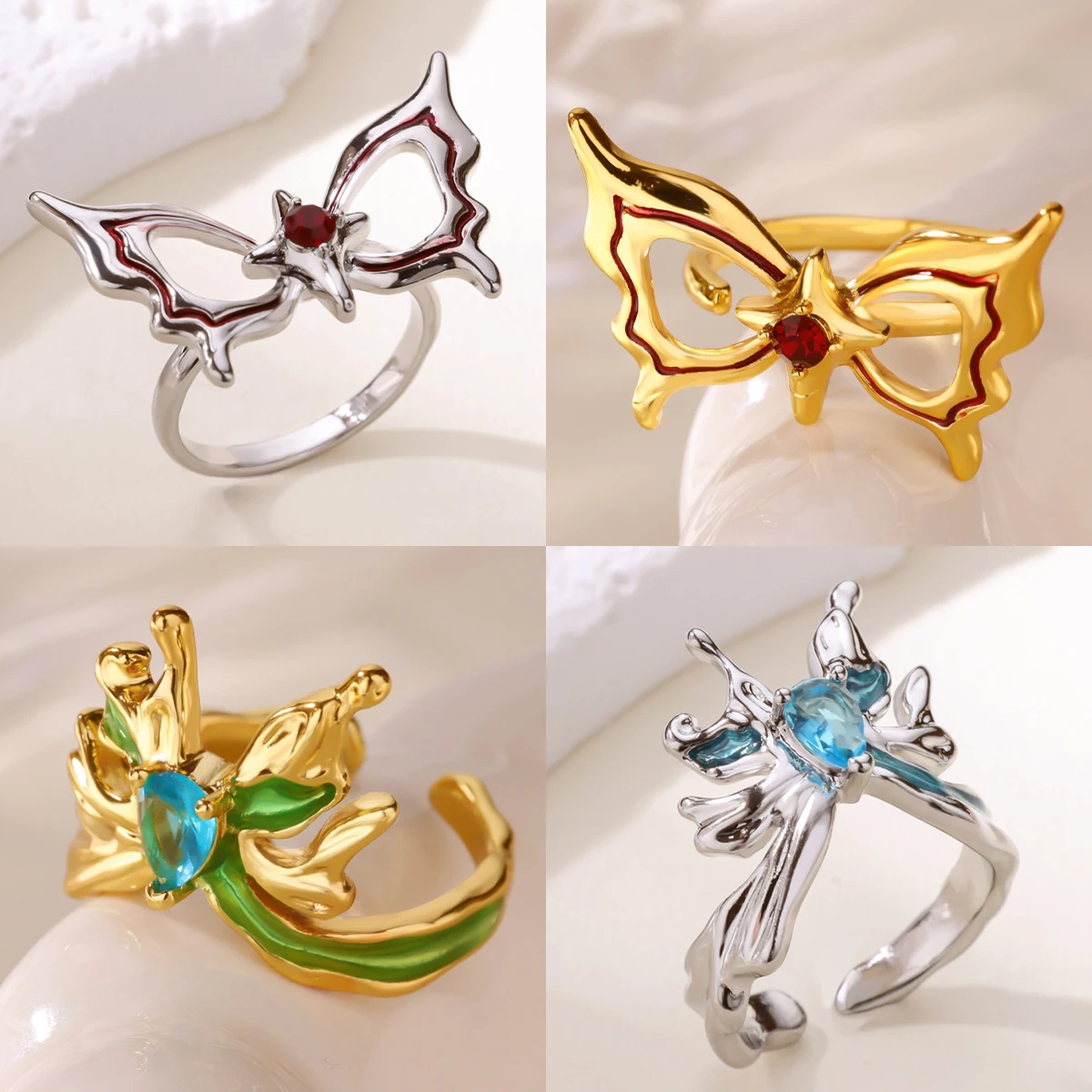 Máscara de murciélago de acero inoxidable y anillos de mariposa, anillo abierto antidecoloración chapado en oro de 18 quilates para mujer, accesorios de joyería de Halloween, regalos