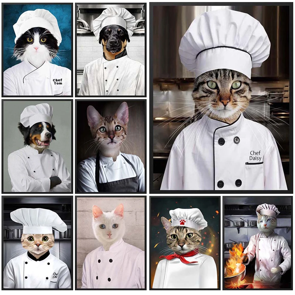 

Custom Pet Cat Chef Dog Animal Kitchen Wall Pictures For Living Room Decor Nordic Poster Wall Art Canvas Painting Unframed