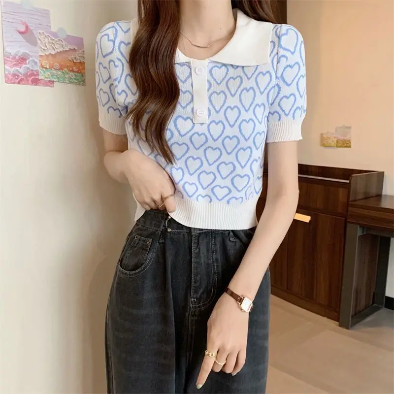 المرأة أزياء هندسية الجاكار خمر محبوك قمصان بولو الصيف ضئيلة أنيقة قصيرة الأكمام رقيقة تخفيف قمم #3