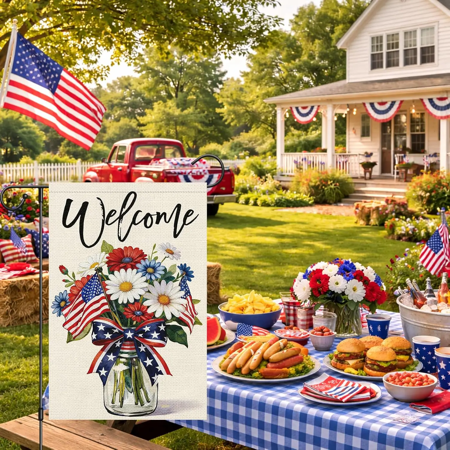 Heyfibro Welcome 4th of July Garden Flag 12x18 Double Sided Burlap, Patriotic Daisy Flower Mason Jar Yard Banner for Rustic jjp