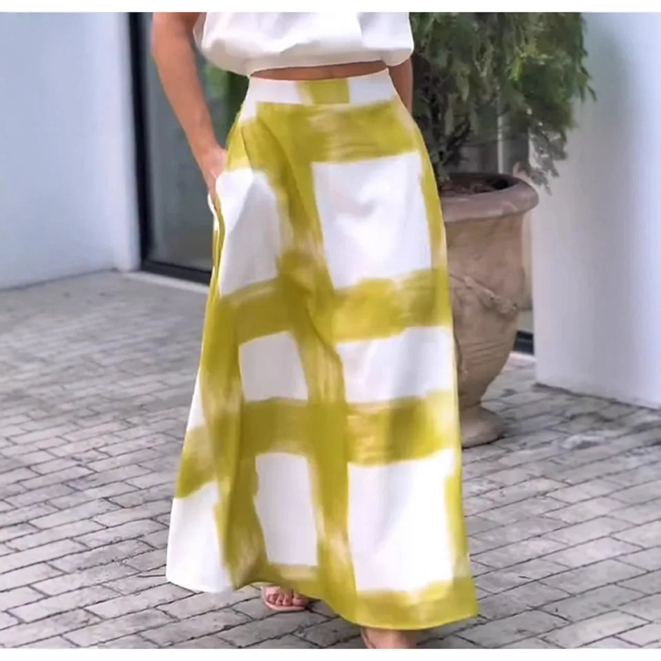 

2025 Summer Women's Fashion Elegant Plaid Print Midi Skirt Long A-line Skirt Spring Denim 2025 Summer Dress Robe Vestido Women