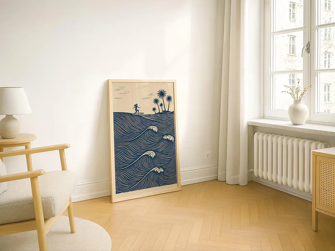 Tropical Surfer Waves Poster | Navy Linocut Ocean Print | Coastal Beach House Wall Art