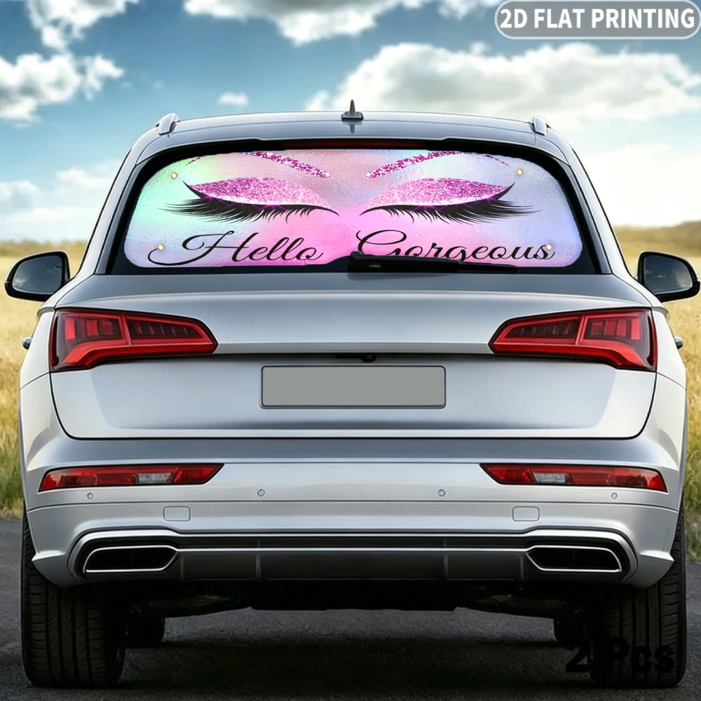 2D FLAT Printing 1pc Car Rear Window Sunshade Hello Gorgeous Glitter Eyelashes Car Rear Window Decal, 4 Suction Cups