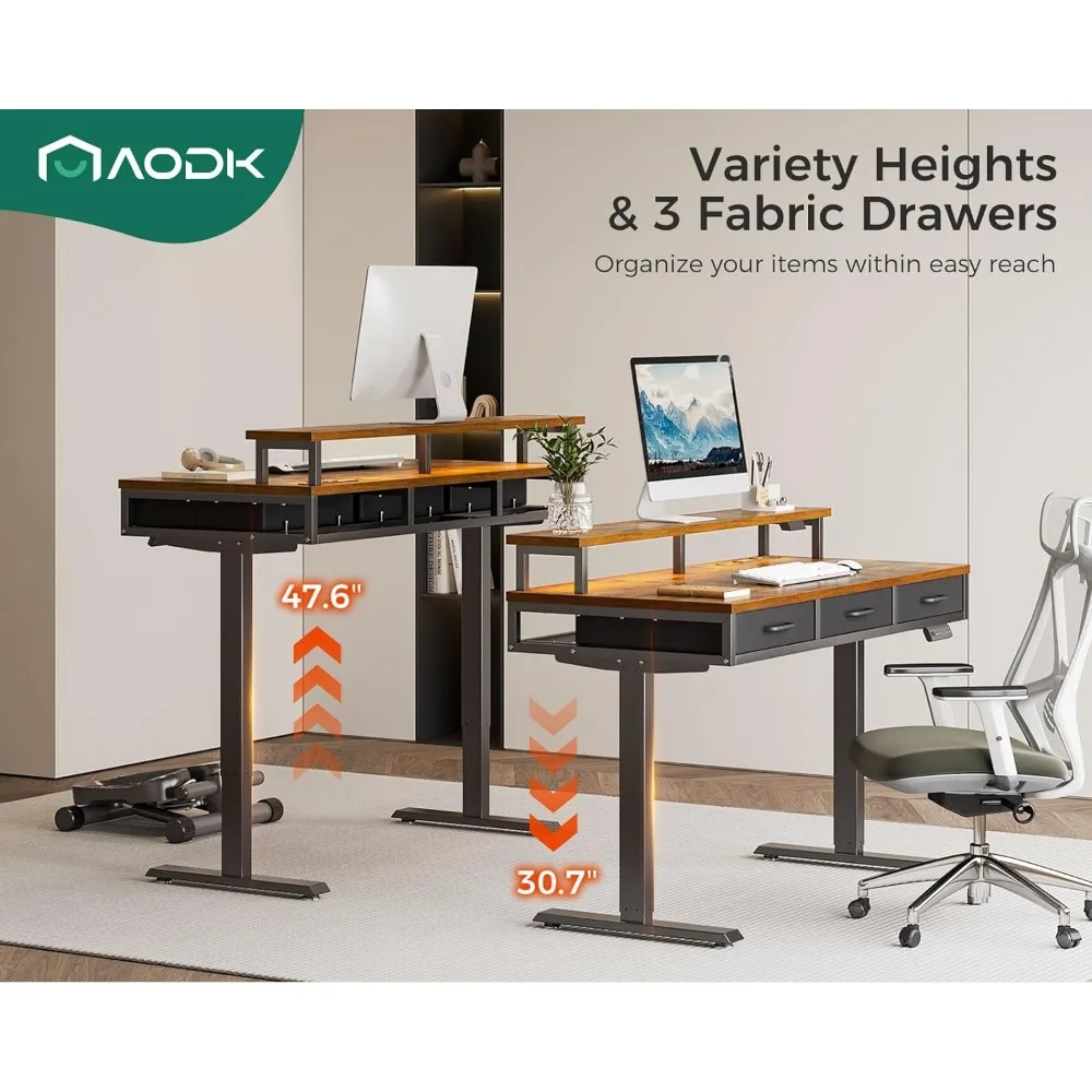 55 Inch Electric Standing Desk with 3 Drawers, Brown, Height Adjustable Desk with Power Outlets & LED Lights, Stand Up Desk