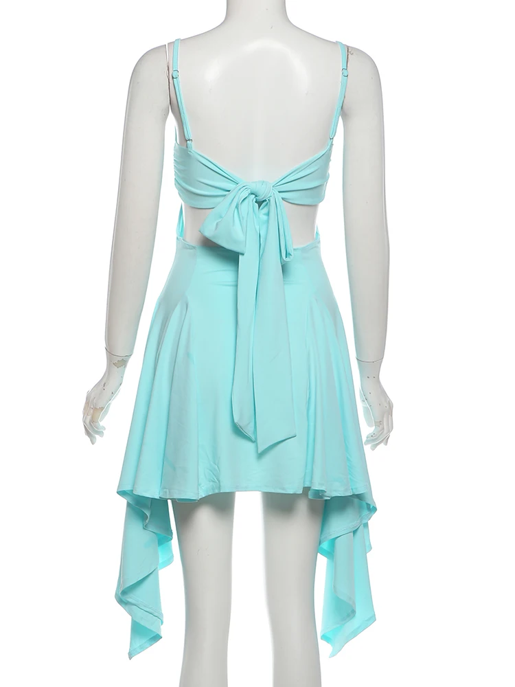 Weird Puss Bandage Rückenfreies Kleid für Damen, tief ausgeschnittenes, ärmelloses, unregelmäßig gerafftes Saum, figurbetont, einfarbig, Sommermode, klassisches Bodycon-Kleid – Detail 5