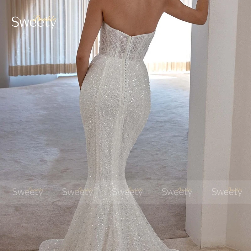 Lussuoso abito da sposa a sirena in pizzo di Tulle con perline abito da ballo senza spalline senza maniche abito da sposa bottone Vestido De Casamento