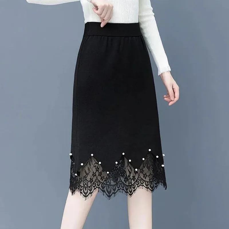 

New Autumn and Winter Fashion High Waist Lace Splice Loose and Versatile Slim A-line Women's Knitted Half Body Wrap Hip Skirt