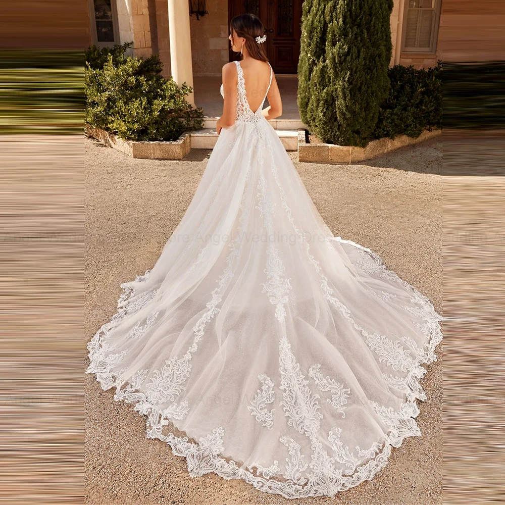 Anjo cintas de espaguete vestido de casamento para mulher personalizado sem mangas apliques robe de mariée tule a linha sem costas festa de noiva