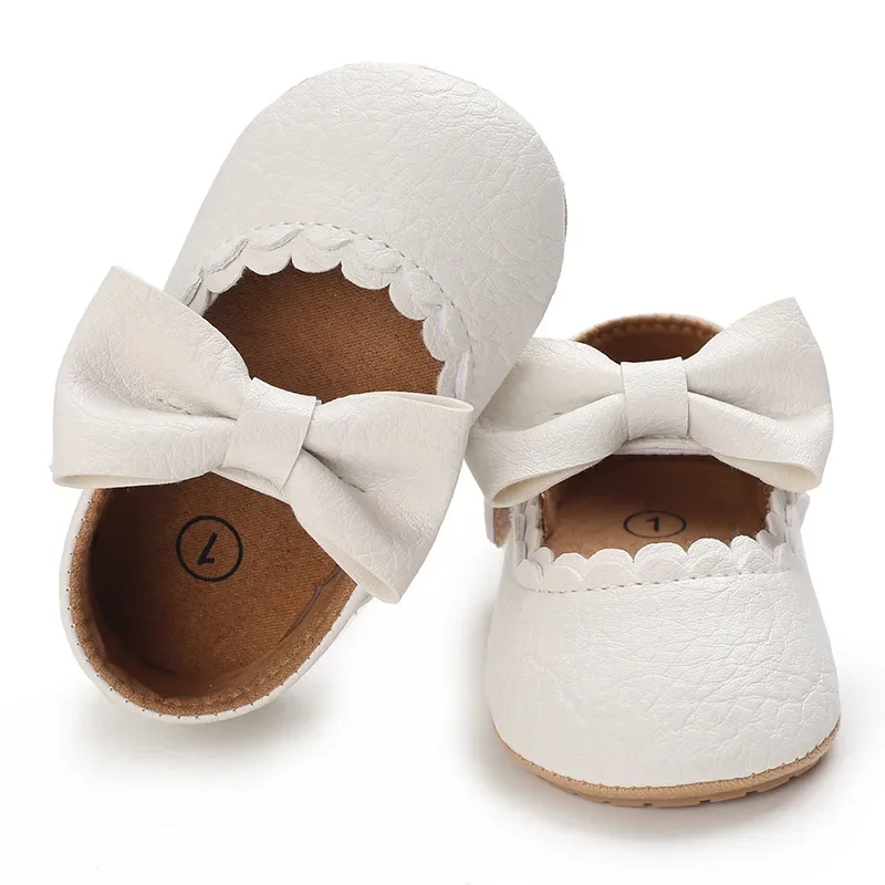 White Apricot Brown Baby Girl Princes Shoes Infant Toddler Bowknot First Walkers Non-slip Rubber PU Soft-Sole Flat Shoes E26