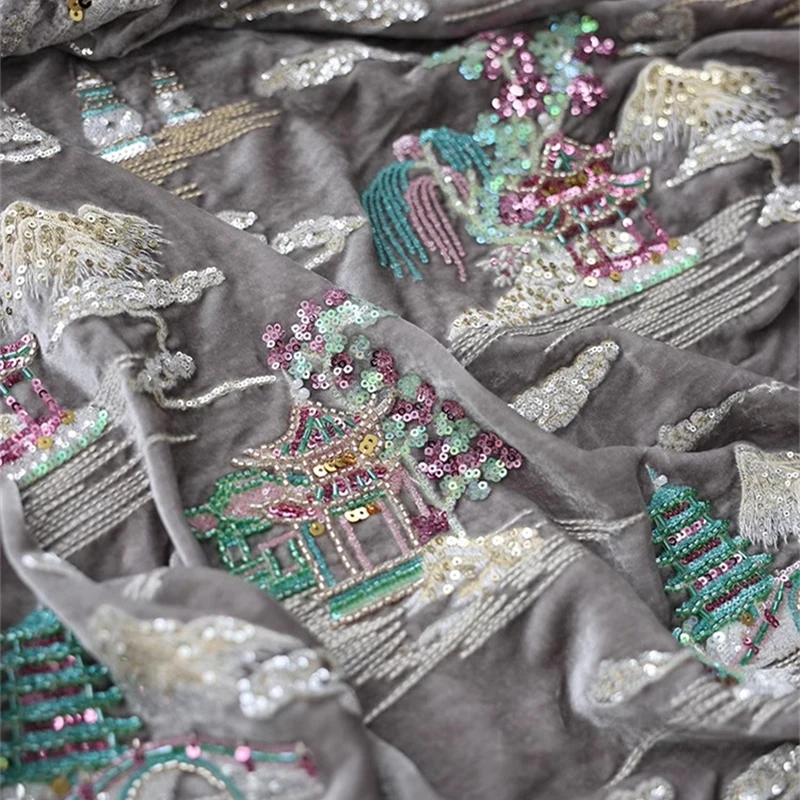 Ten Scenic Spots of West Lake in China Silk Velvet Heavy Industry Nail Bead Embroidery Satin Sewing Material Hanfu Silk Fabric