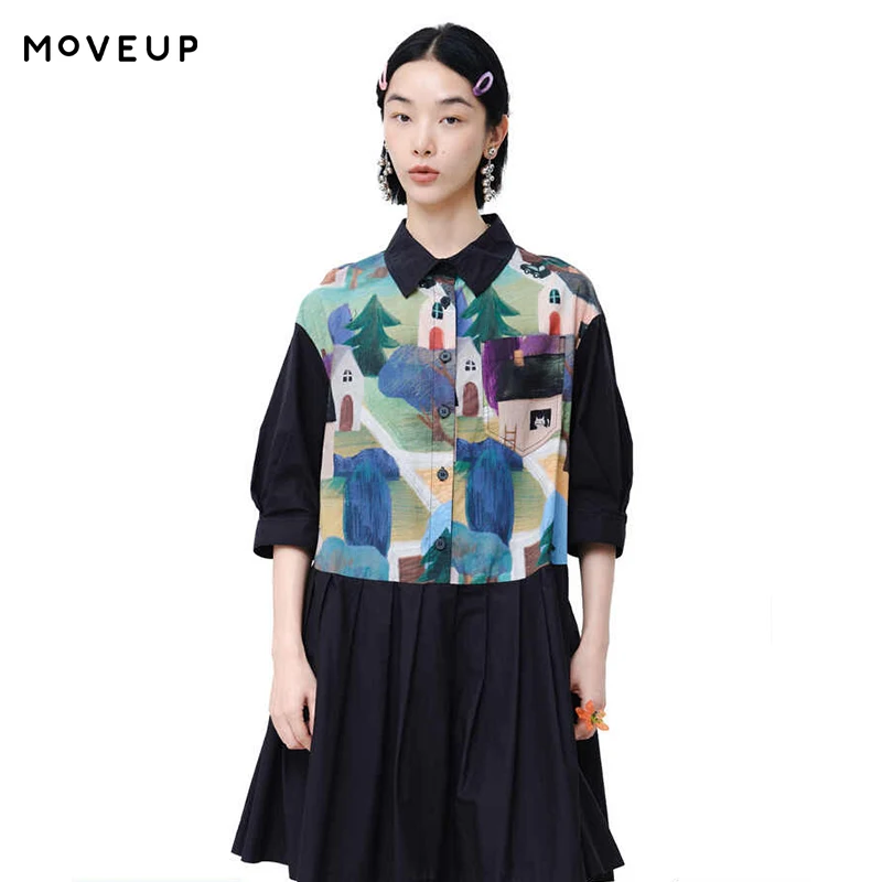 

MOVEUP Casual Short Sleeves Dress 2026 Spring New False Two-Piece Printed Pure Cotton Commuting A-Line Dress For Women 325121301