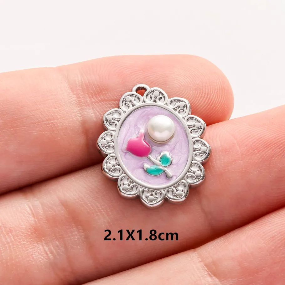 2 Stück Edelstahl-Anhänger mit blau-rosa Emaille, modischer Pflanzen-Charm, natürliche Perlenblumen-Anhänger für die Schmuckherstellung, Halsketten, Großhandel – Detail 8