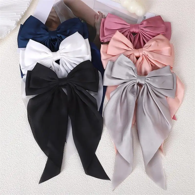 Large Bowknot Chiffon Bow Hair Clip Women Stain Hairpin Barrettes Girls Solid Color Ponytail Clip Hair Accessories Headwear Gift