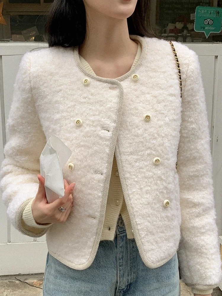 

Ele Double-Breasted Cotton Woolen ort Jaet Women's Winter New Sle Korean Loose Fit Faion Outerwear