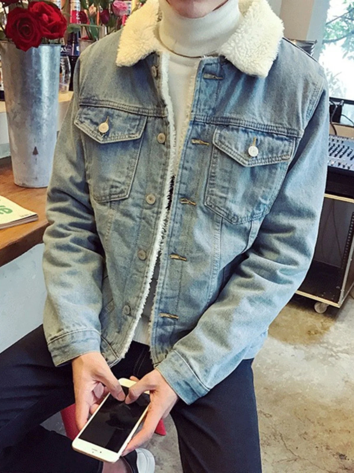 

Корейский джинсовый джинсовый джинсовый джинт на подкладке, мужской повседневный свободный джинт из овечьего меха, зимняя хлопковая одежда