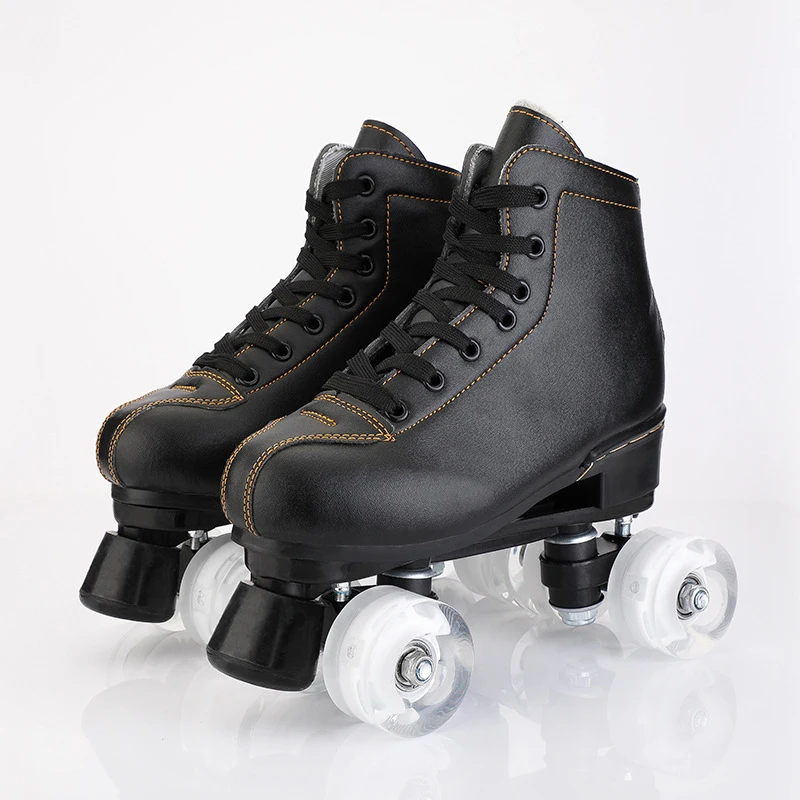 Unisex Black PU Leather Roller Skates Skate Sliding Inline Skates Sneakers Training Euro Size 4 Wheel Flash Wheels