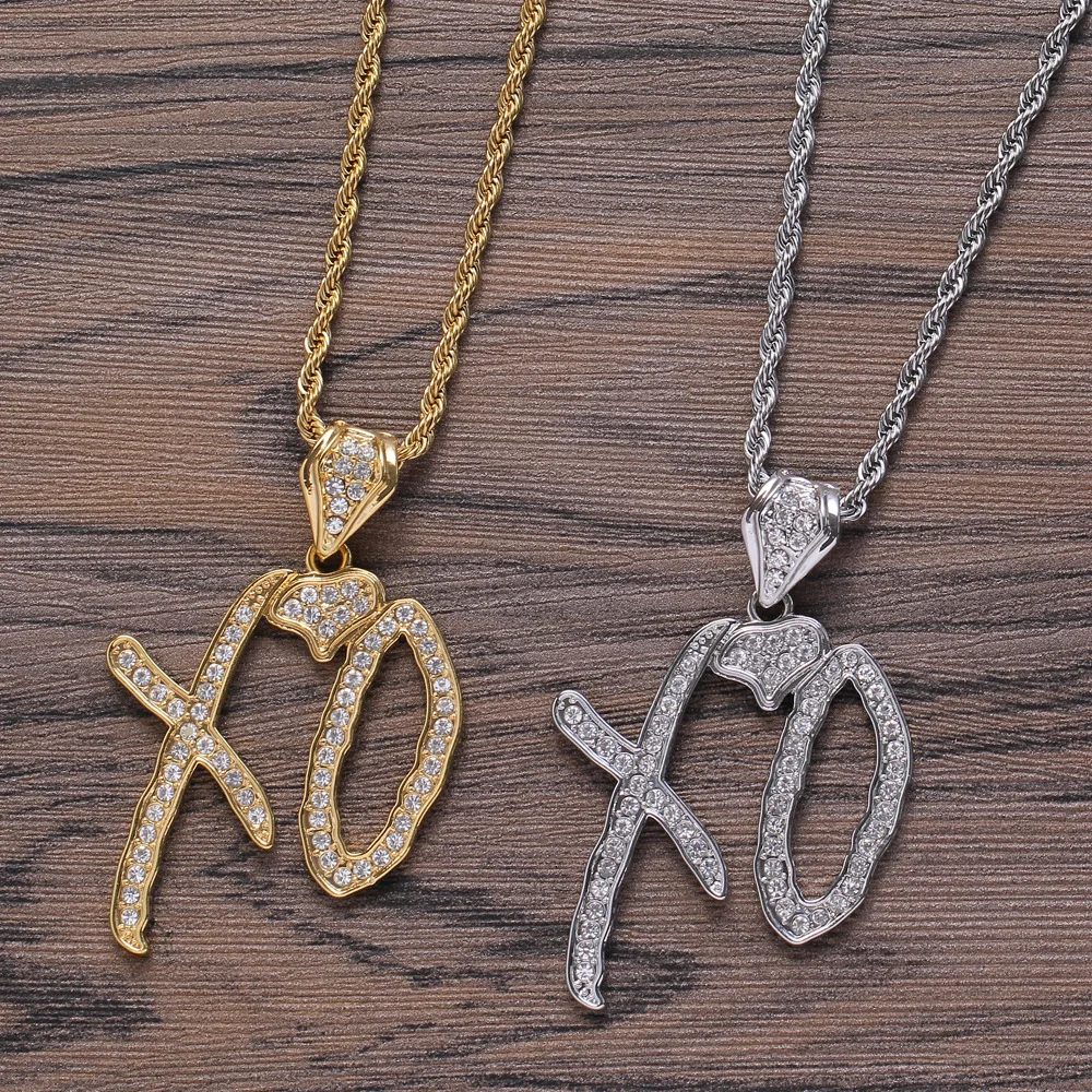 Hip Hop Shiny Ice Crystal Letters XO Pendant Necklace Punk Rock Rap Party Necklace for Men and Women