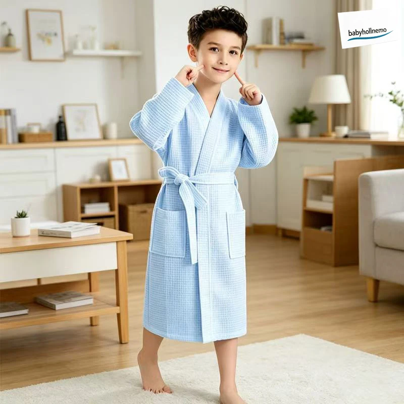 Sommer-Kinder-Bademantel aus Baumwolle mit Waffelmuster, Weicher Saugfähiger Kimono-Bademantel mit Gürtel für Jungen und Mädchen, Nach dem Bad, Spa, als Schlafanzug – Detail 2