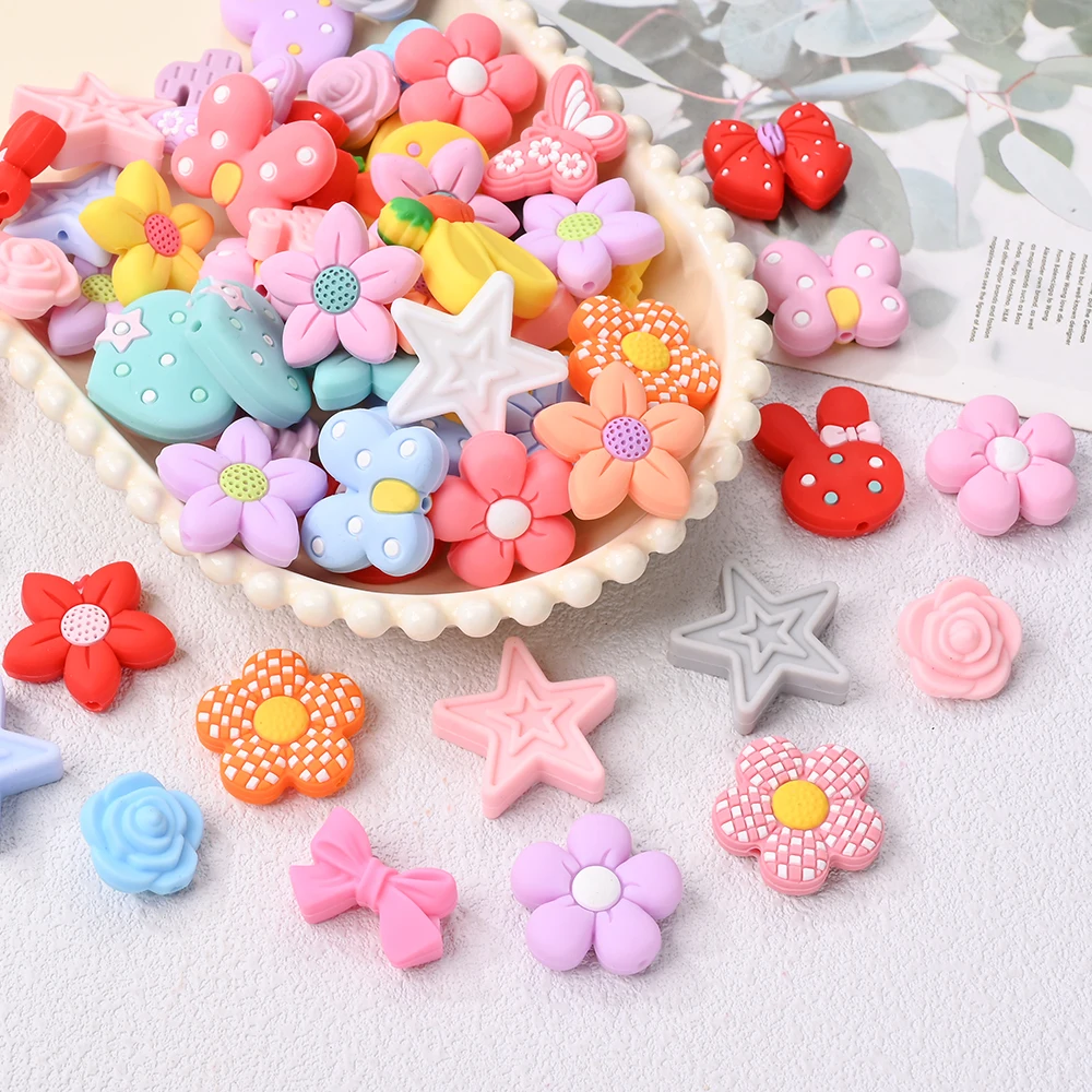 

5Pcs Silicone Star Flower Bow Beads Food Grade DIY Pacifier Chain Necklace Accessories Jewelry Bracelet Random Mixed Styles
