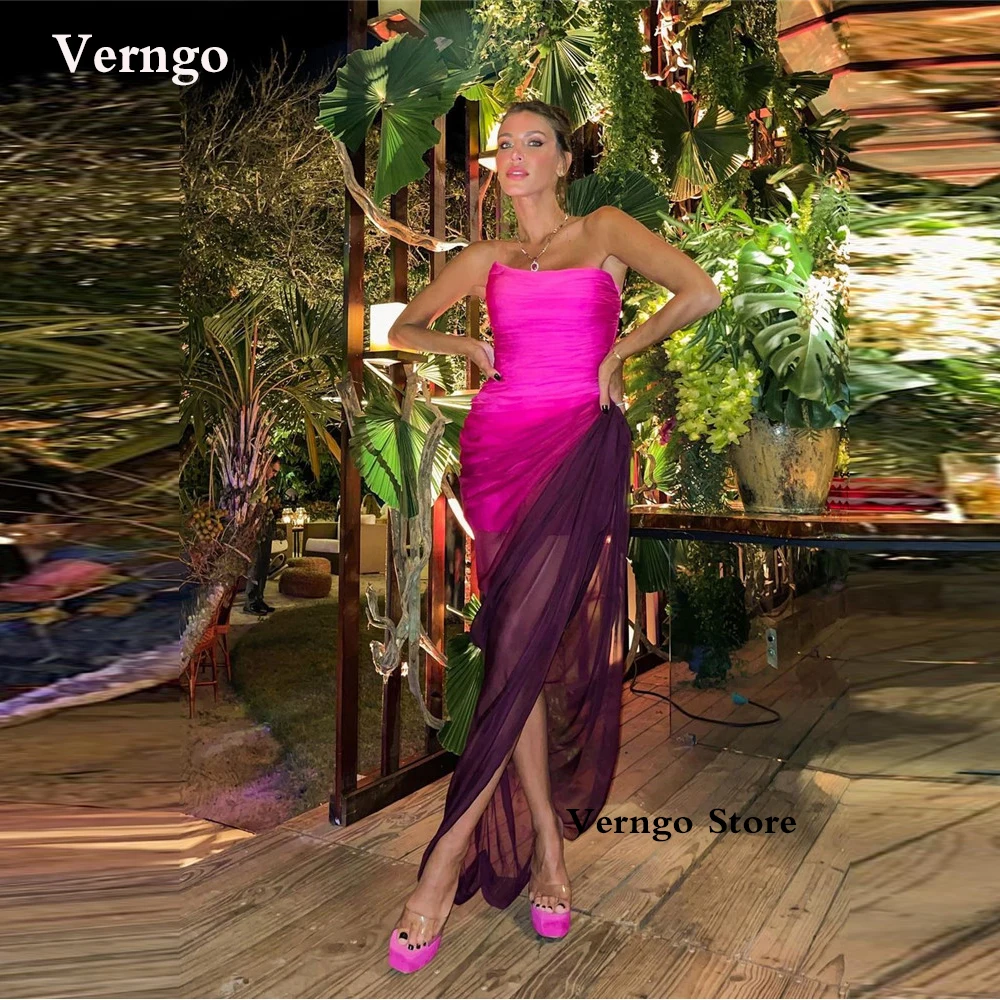 

Verngo Fuschia Grape Purple Silk Tulle Evening Party Dresses Strapless Women Beach Prom Gowns Robe de soiree