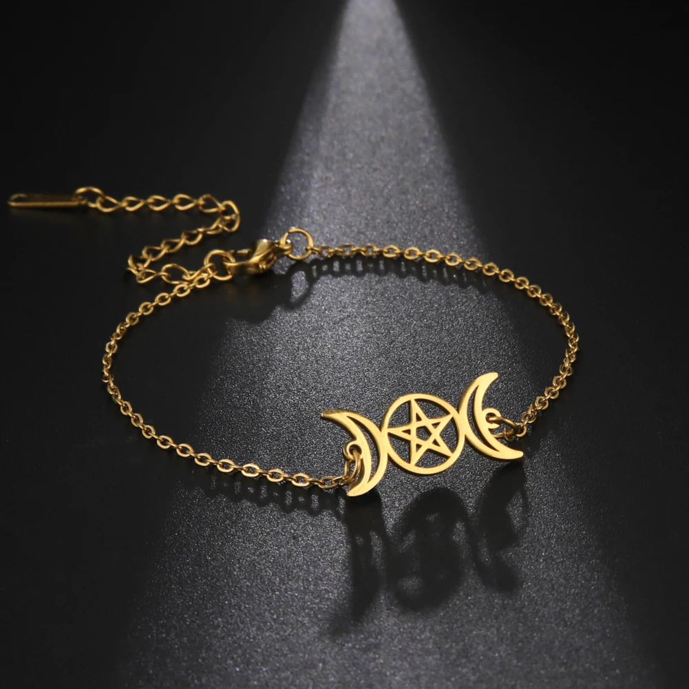 Triple Moon Goddness Pentagram Pendant Bracelet Stainless Steel Bracelet for Men Women Fashion Jewelry Gift