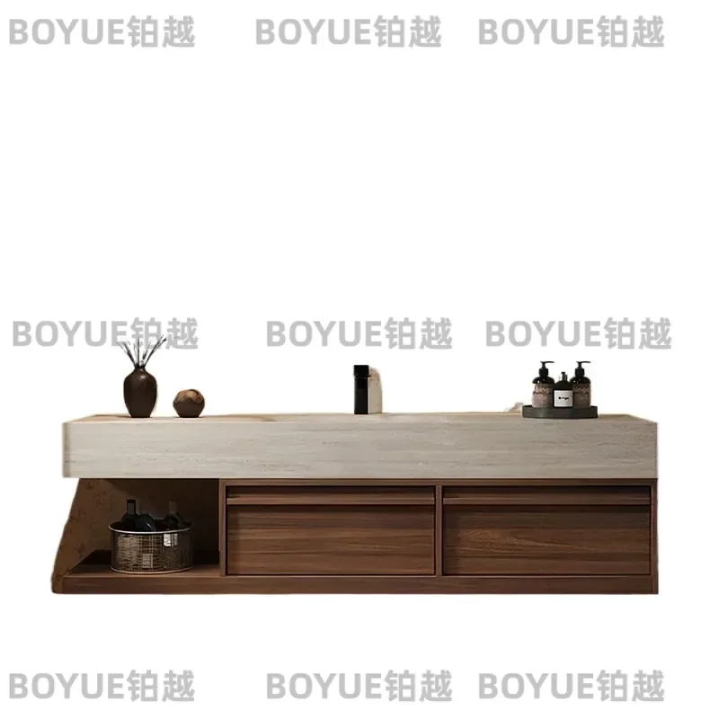 New Chinese Style Walnut Bathroom Vanity Set with Bone Line Washbasin Cabinet Combo and Smart Mirror for Toilet Area