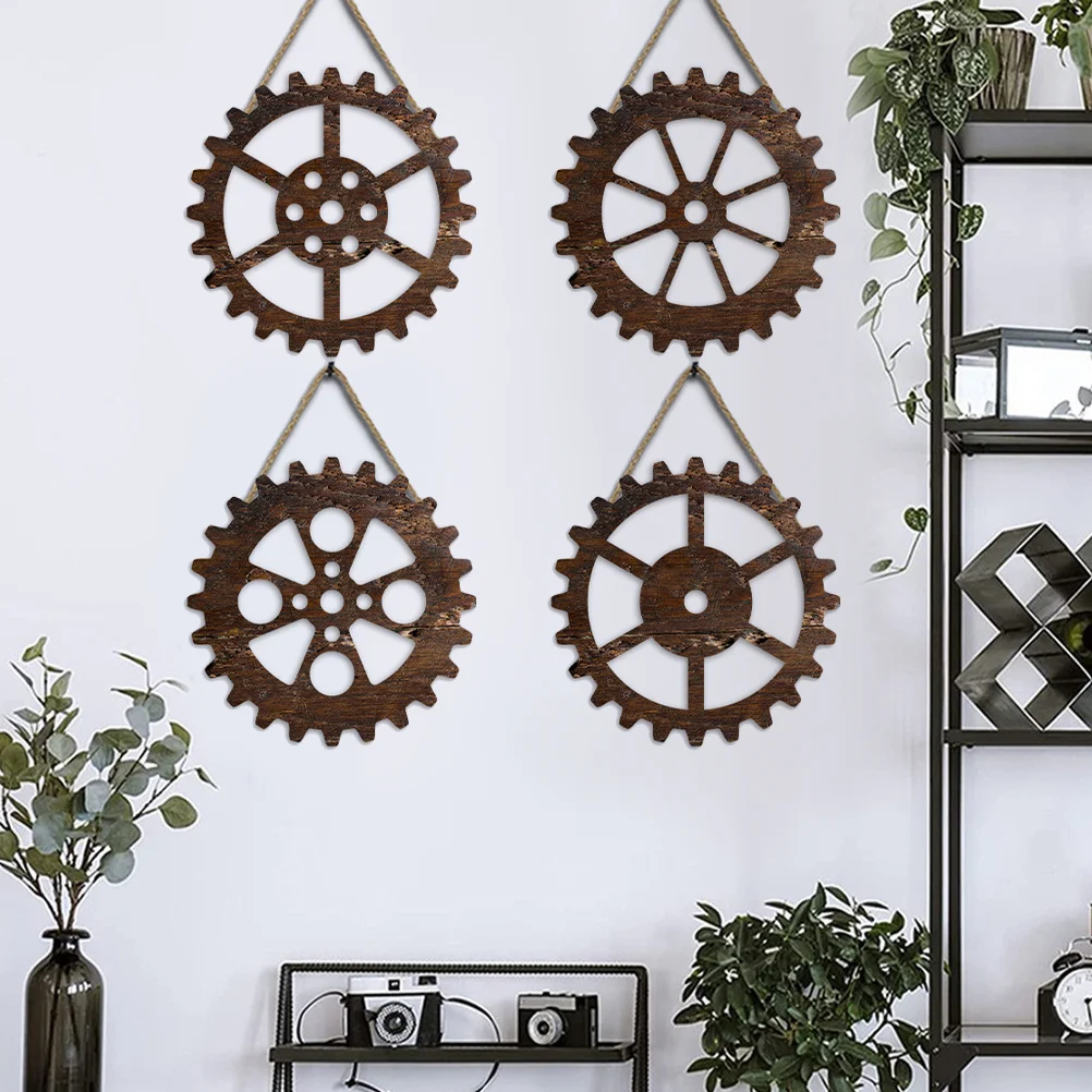 

4 Pcs Retro Gear Wall Hanging Wooden Wheel Decor Ornaments for Crafts Vintage Industrial Poplar Board Office