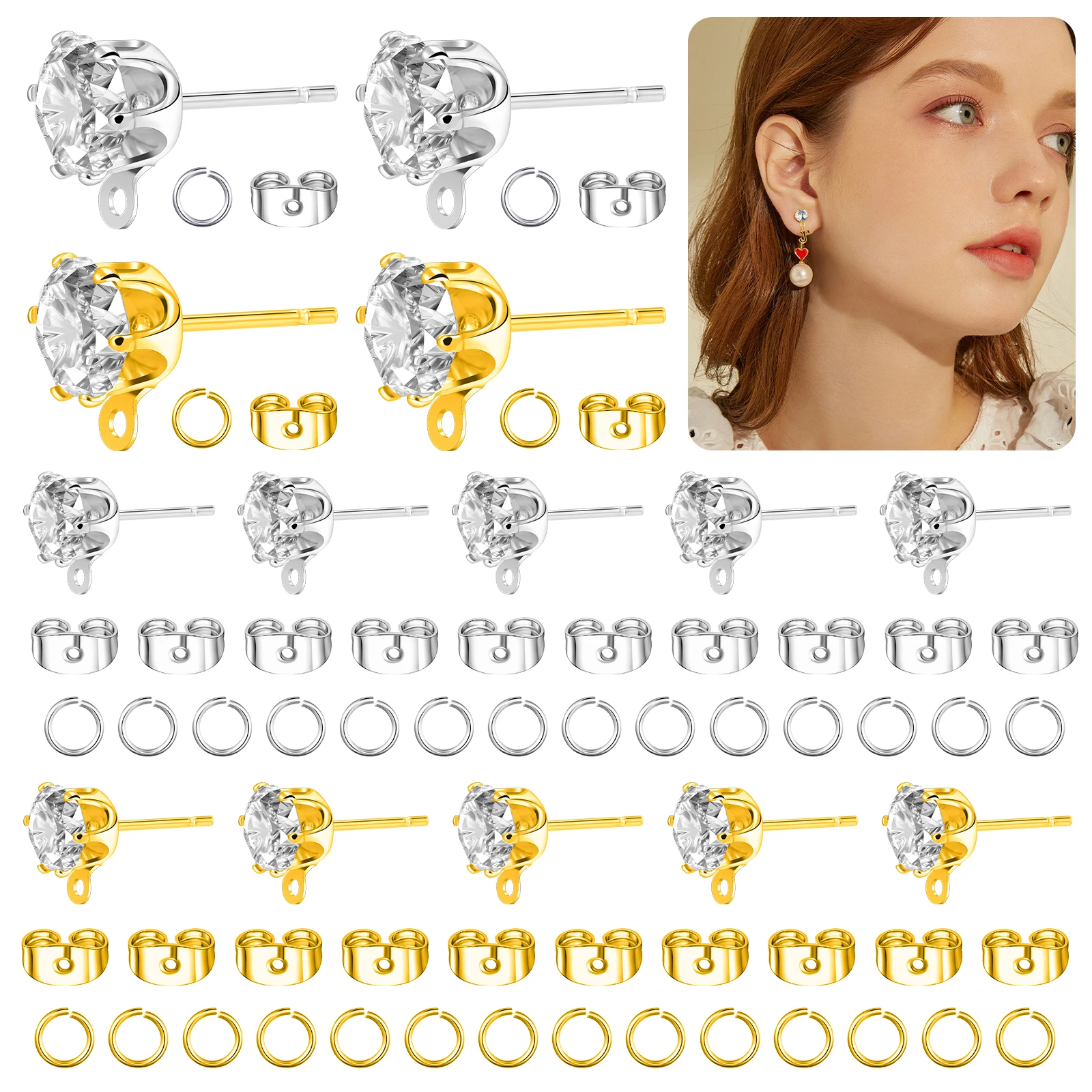 150pcs Hypoallergenic Earring Making Kit, with Rhinestone Earring Posts, Metal Earring Backs and Jump Rings for Jewelry Making