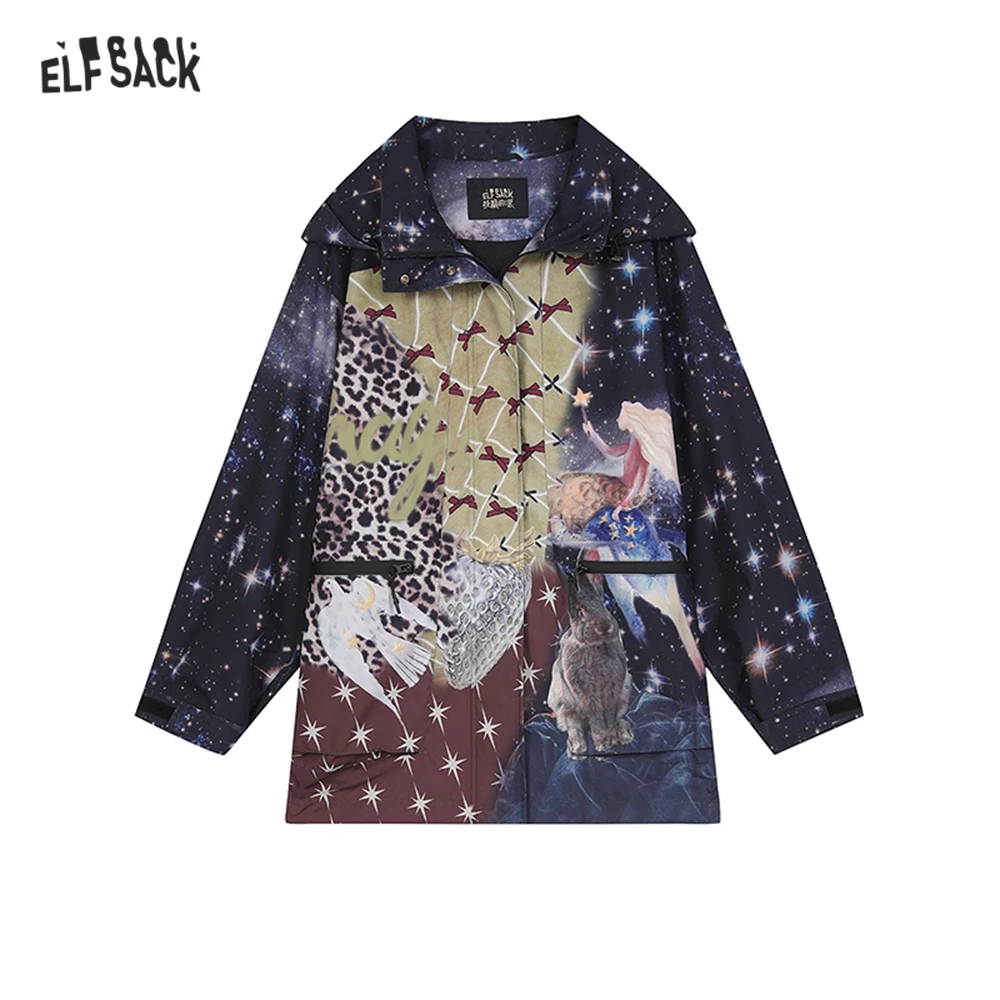 ELFSACK 2024 Autumn New Arrive Colorful loose-fitting cartoon anime full-print three-proof drawstring outdoor workwear jacket fo