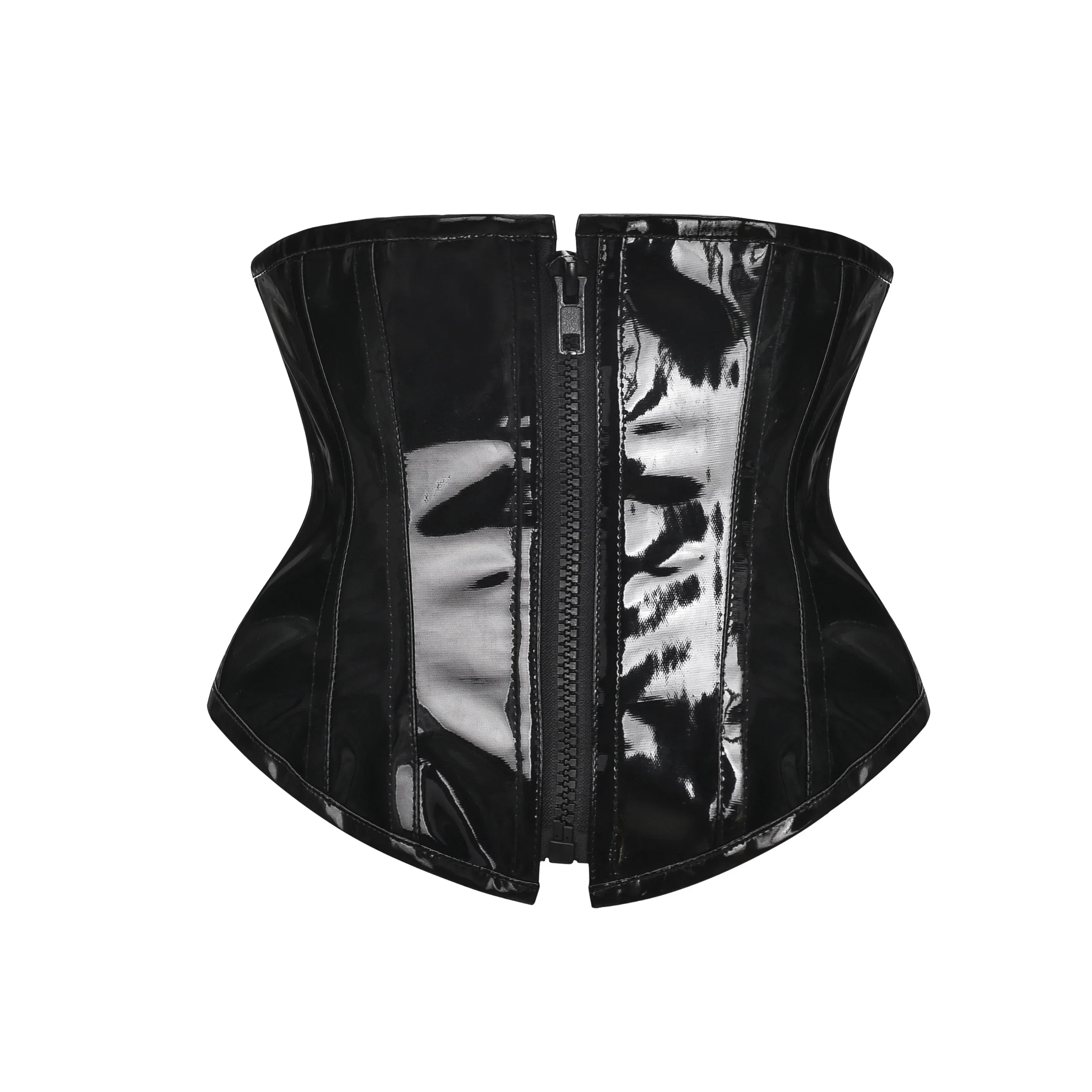 لامعة الأسود PVC مشد أعلى نظرة الرطب بولي Leather الجلود بوستير Steampunk Underbust المشدية التخسيس مدرب خصر بذلة مفصلة لشكل الجسم