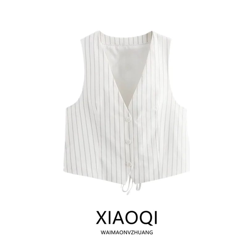 Slimming Versatile Striped Svel V-Ne Vest New Arrival Women's Faion 2024 Autumn Season All-Match Single Button Closure