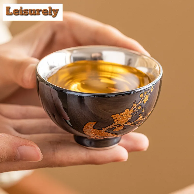 60ml Stacking Gold Flower And Bird Ceramic Teacup 999 Gilt Silver Meditation Cup Small Single Master Cup Tea Bowl Kung Fu Teaset