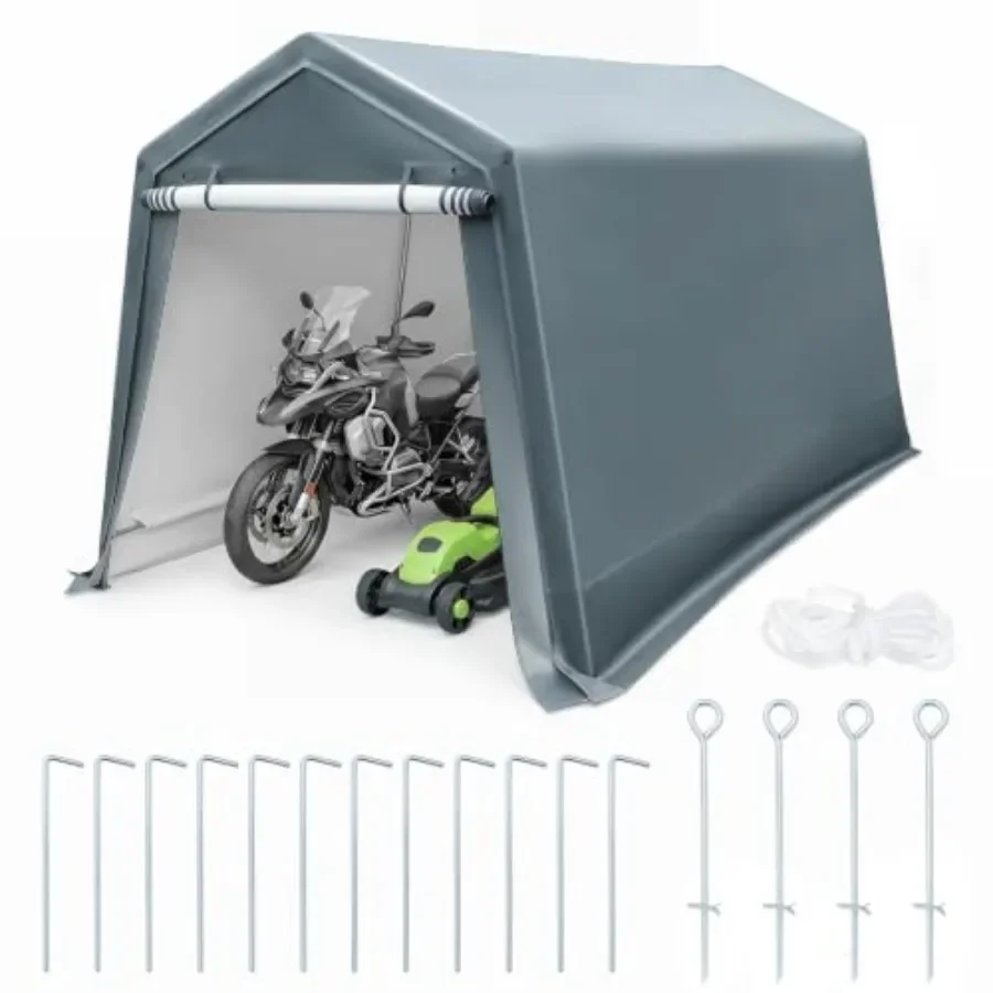 Portable Storage Shed, 8.3 x 14 FT Outdoor Motorcycle Tent Shelter: weather-resistant polyethylene fabric, gray, quick-setup fr