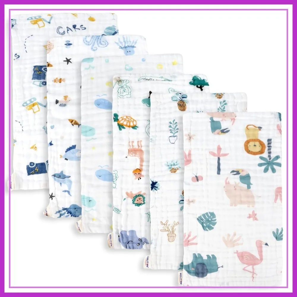

6 Pack Large Burp Cloths 20x10 Inches, 100% Cotton Muslin, Soft and Absorbent Baby Burp Rags, Zoo Pattern