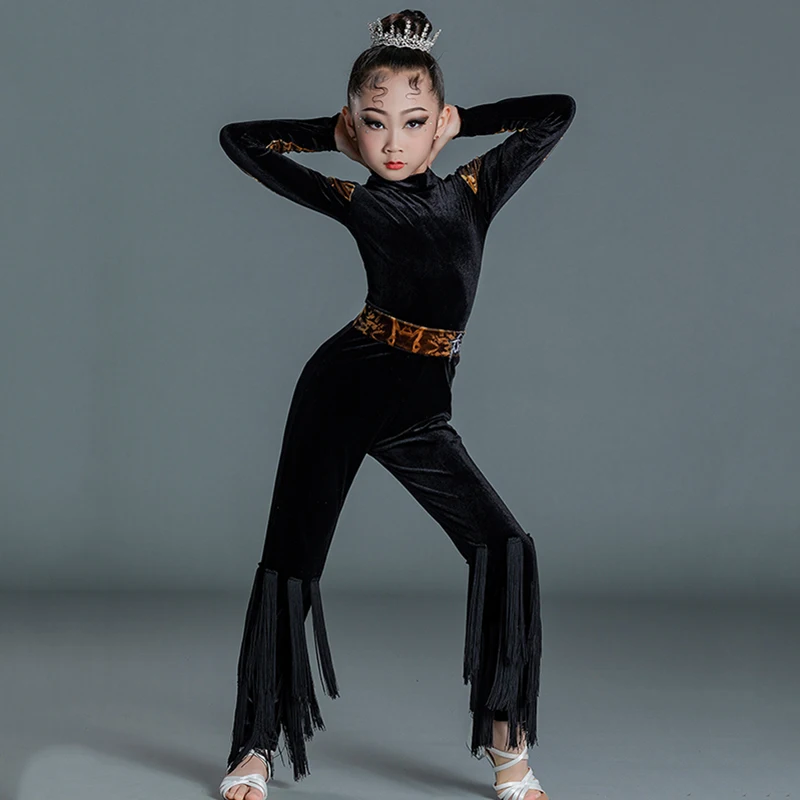 

Autumn Winter Children Latin Dance Practice Clothes Black Velvet Fringe Pants Set Girls Long Sleeve Training Performance Clothes