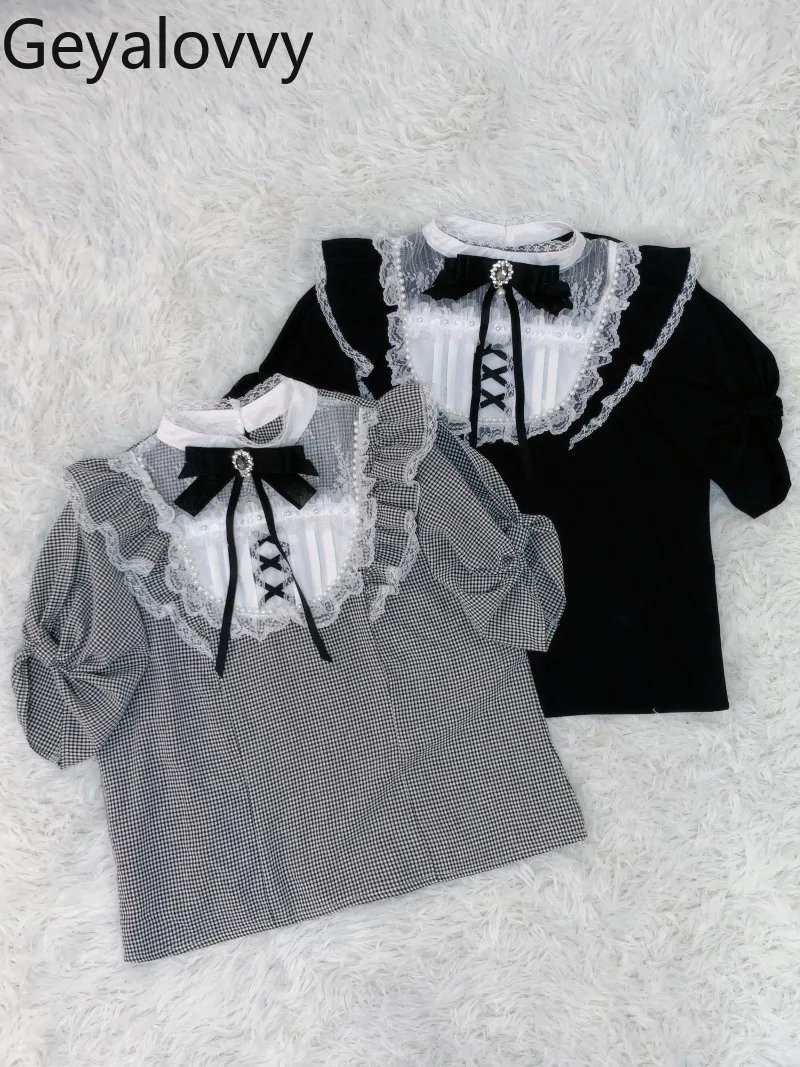 

Original Design Mass-Produced Bow Lace Tops Summer New Versatile Blouse Japanese Sweet Girls Short-Sleeve Pearl Shirt