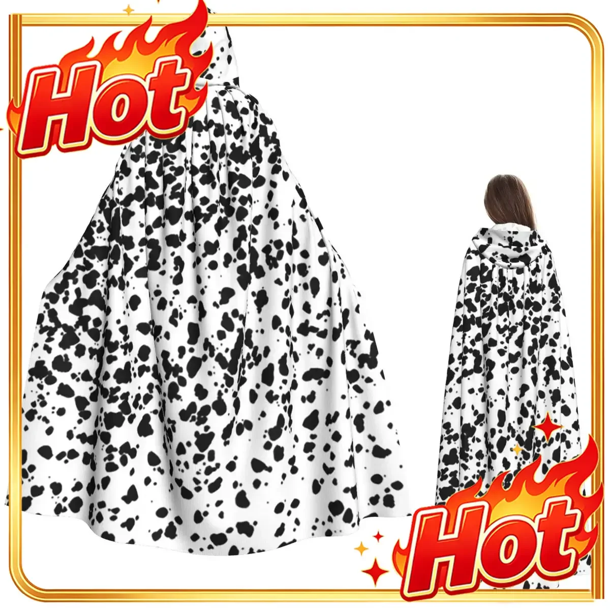 Dalmatian Dog Texture Long Hooded Cloak Witch Medieval Costume Cosplay Cape HalloweenCoat Adult Unisex