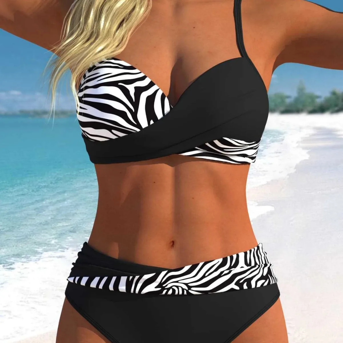 Ladies Contrast Abstract Circle‑Print Bikinis Set Twist‑Front Longline Top Fold‑Over High‑Rise Women Swimsuit Pool Bathing Suit
