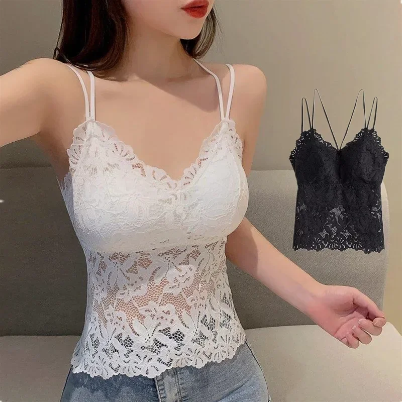 

2024 Hot Sale Summer Lace Tube Top Women's Beauty Back Sling Wrapped Chest Vest Crop Top Gathered Anti-empty Camisole