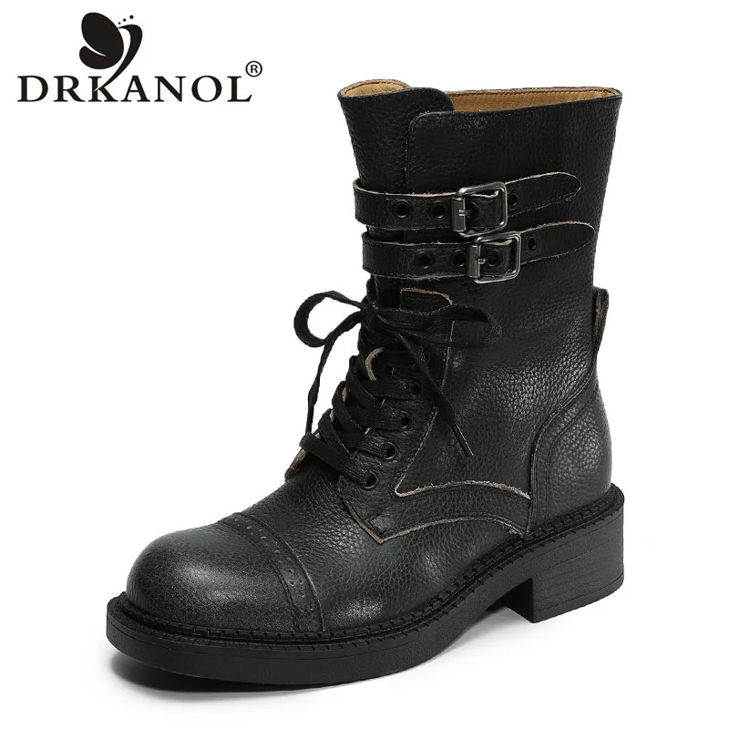 DRKANOL Women Thick Heel Boots Autumn British Style Retro Designs Round Toe Genuine Leather Outside Street Style Mid Calf Boots