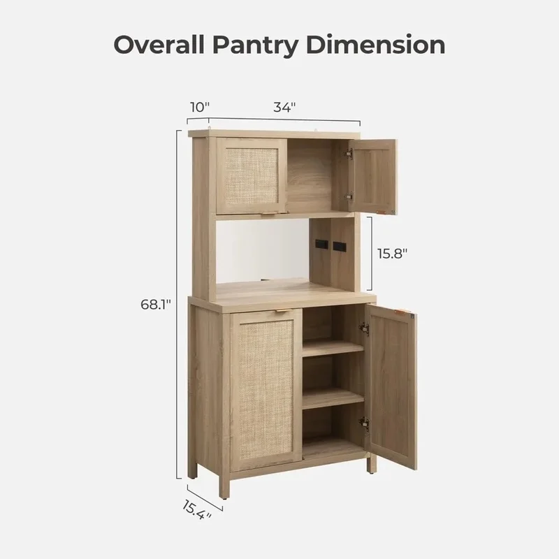 Wooden Kitchen Pantry Storage Cabinet with Power Outlet and Door, Large Freestanding Boho Style Cupboard