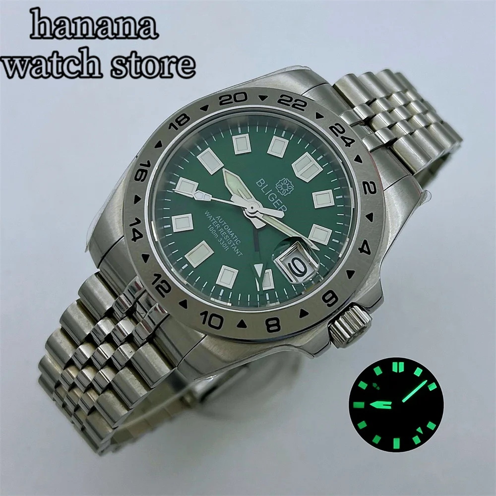 40mm NH34A GMT Men's Diving Mechanical watch Green Black luminous dial 24 hours fixed bezel sapphire glass stainless steel strap