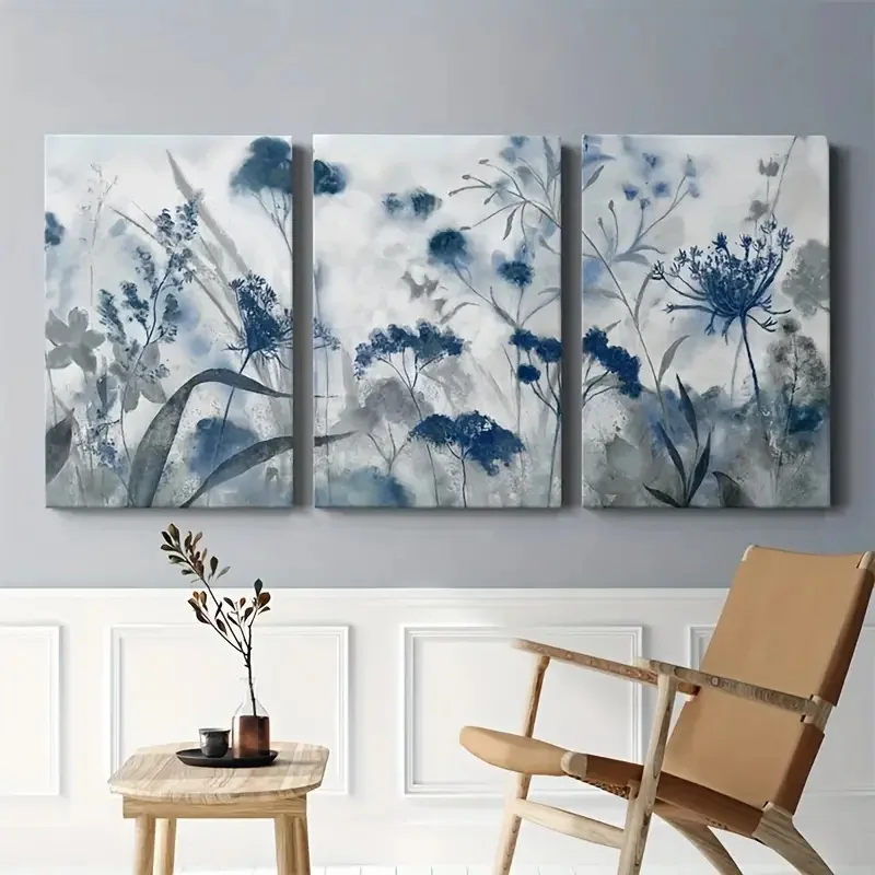 3pcs Blue Grey Flower Leaf Canvas Painting Retro Impressionist Plants Poster Print Wall Art Living Room Bedroom Home Decorative