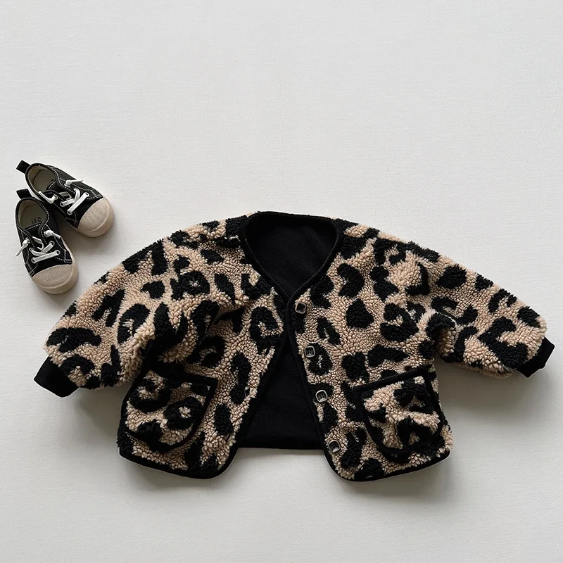 Autumn Winter Children Jackets 1-8Y Girls Thick Warm Fleece Leopard Casual Coats Korean Toddler Outerwear Kids Clothing 2024 New